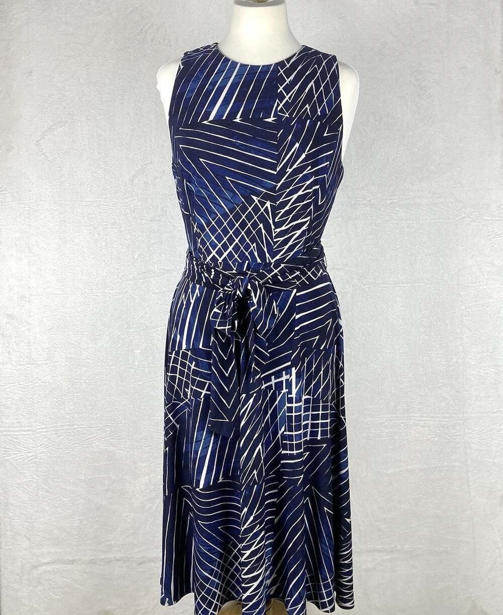 Lauren Ralph Lauren Dress Womens 12P Blue White Geometric Striped Y2K Preppy